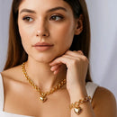 Conjunto Colar e Pulseira Elo Português e Brincos de Coração